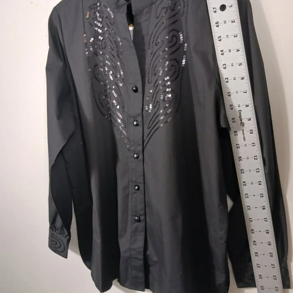 Bob Mackie NWT, Size Med., Black Button Down Shirt W/Sequins, Mandarin Collar - Picture 11 of 14